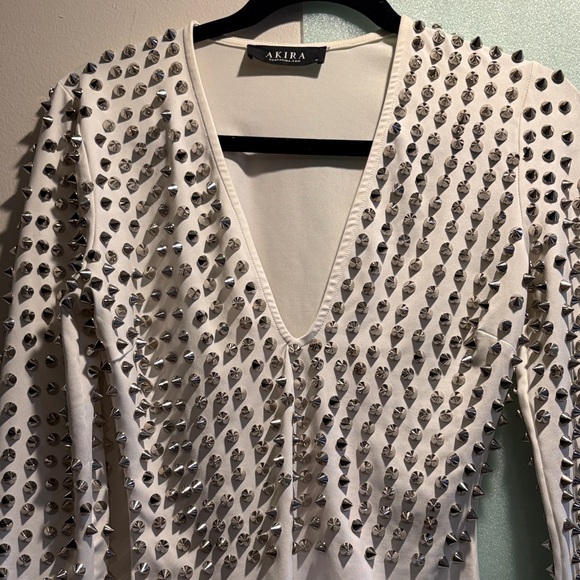 AKIRA Silver Spike Studded White Bodysuit Festival Clubwear - Picture 2 of 6